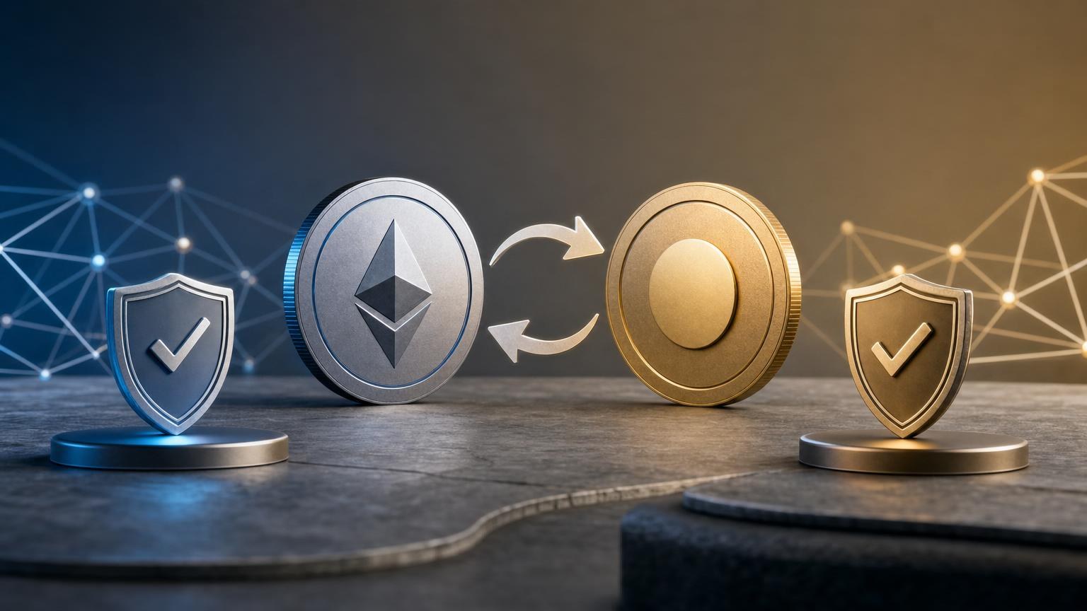 A cryptocurrency holder comparing the destination address, blockchain network, exchange amount, and transaction details before confirming a swap
